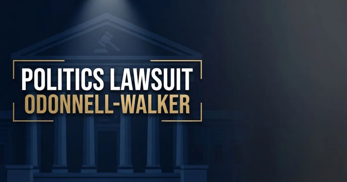 politics lawsuit odonnell-walker hero banner with courthouse and gavel graphics in navy and gold