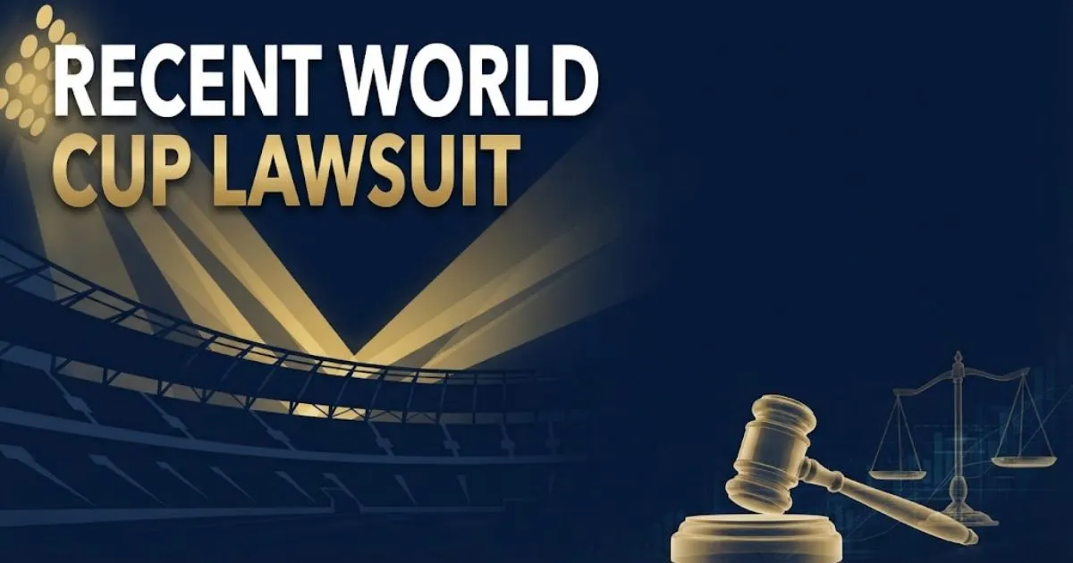 recent world cup lawsuit headline over dark navy stadium silhouette with gold legal icons