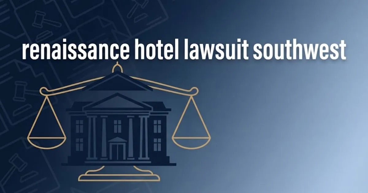 renaissance hotel lawsuit southwest hero banner with legal scales and hotel silhouette in navy and gold