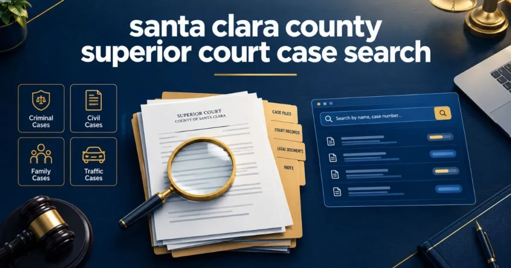 santa clara county superior court case search graphic with legal documents and digital search interface
