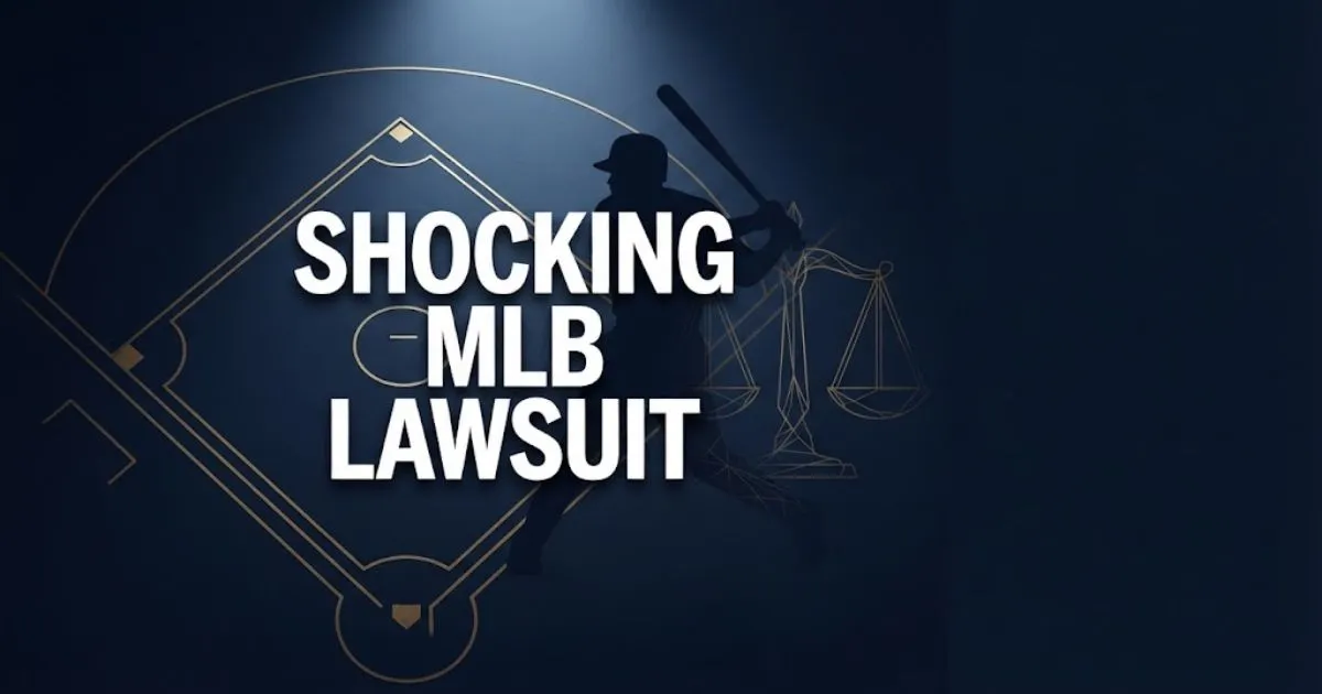 shocking mlb lawsuit headline over stylized baseball diamond and legal scales in navy and gold