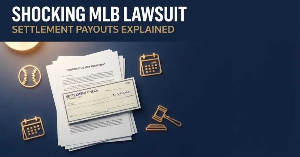 shocking mlb lawsuit settlement documents and check graphic in navy blue and gold editorial style