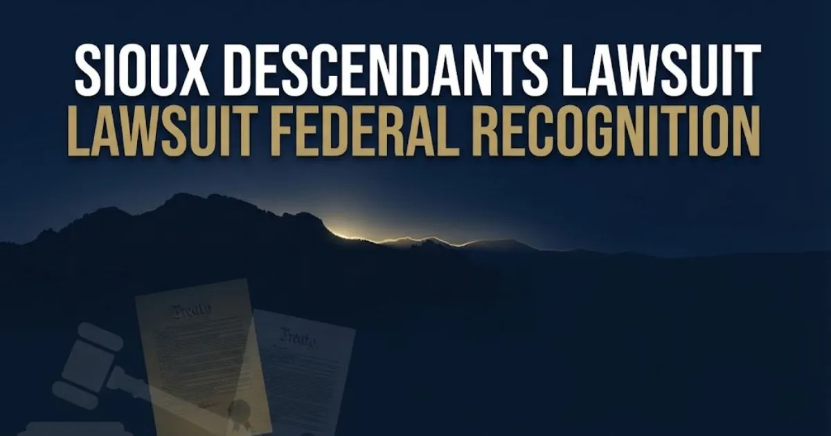 sioux descendants lawsuit federal recognition hero banner with Black Hills silhouette and legal symbols on navy background