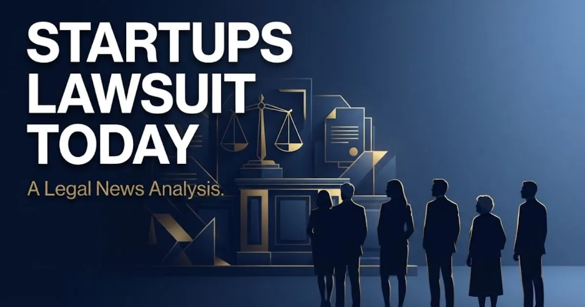 startups lawsuit today hero banner with abstract courtroom scene in navy and gold tones