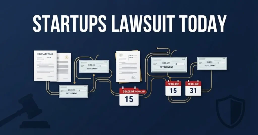 startups lawsuit today supporting graphic showing settlement timeline with legal document icons