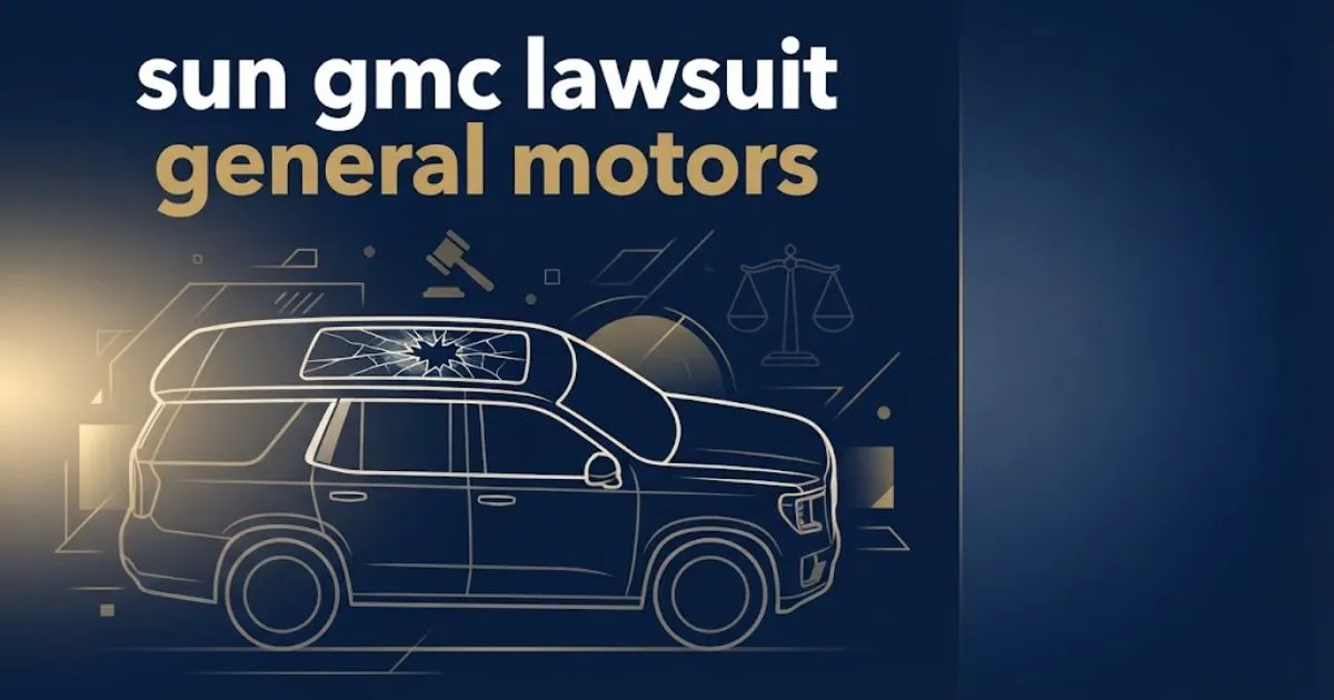 sun gmc lawsuit general motors banner with cracked SUV sunroof and legal symbols on navy background