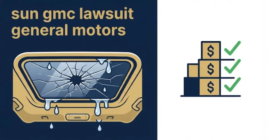 sun gmc lawsuit general motors graphic showing leaking sunroof seal and settlement tier icons