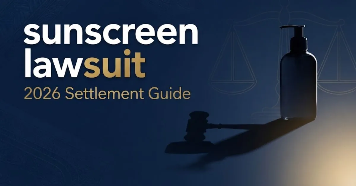 sunscreen lawsuit 2026 settlement guide banner with legal scales and sunscreen bottle silhouette