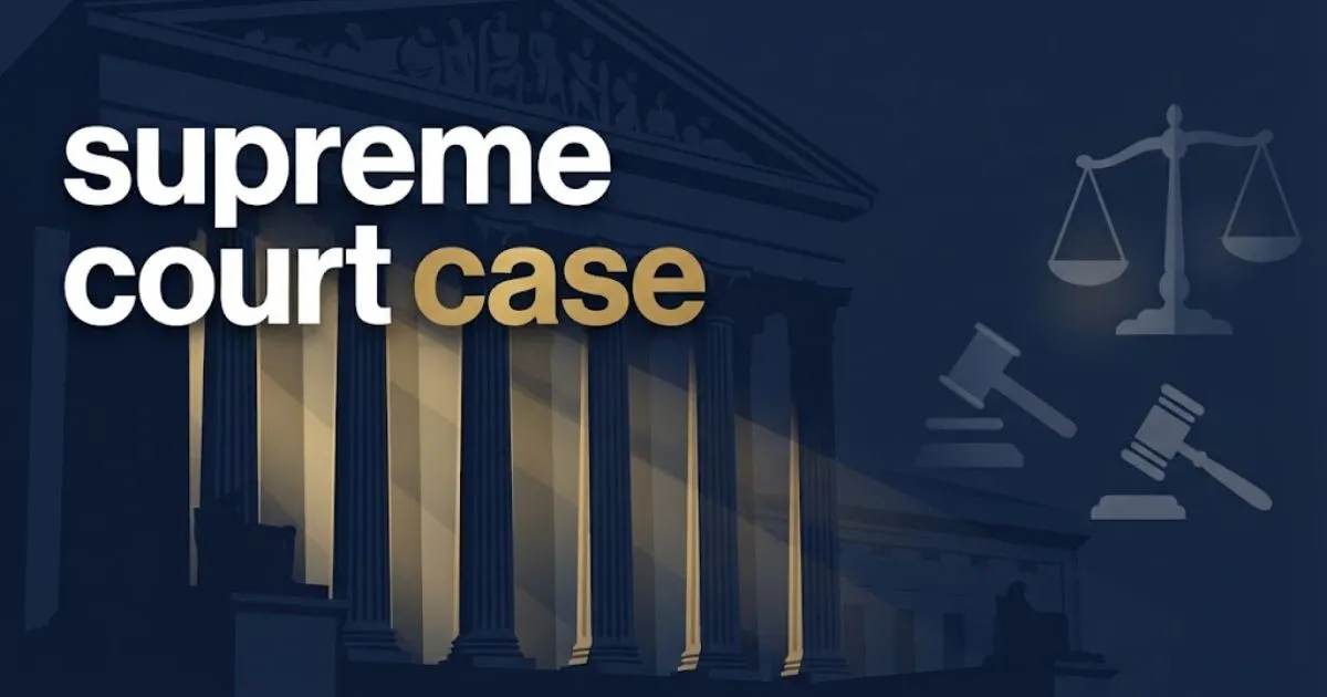 supreme court case 2026 hero banner with scales of justice and courthouse columns in navy and gold
