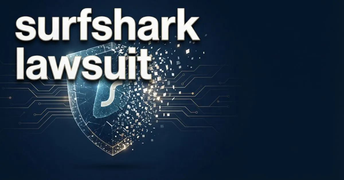 surfshark lawsuit hero banner with fractured digital shield on navy background and gold typography