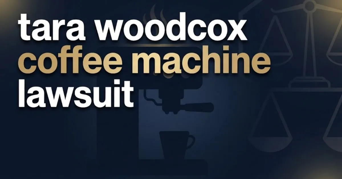 tara woodcox coffee machine lawsuit hero banner with legal scales and coffee machine silhouette on navy background