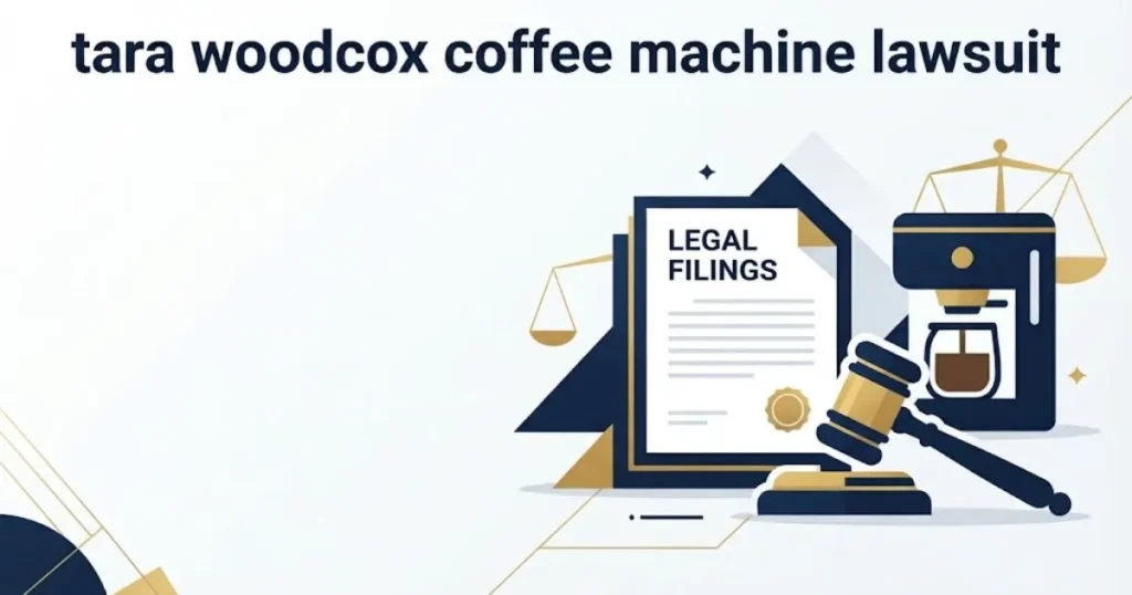 tara woodcox coffee machine lawsuit supporting graphic with courtroom documents and coffee maker icon in navy and gold