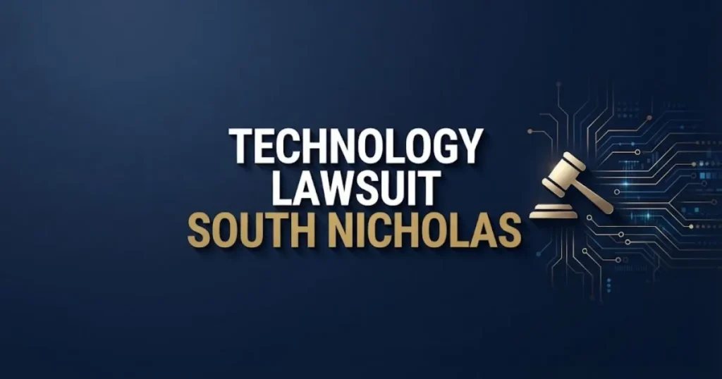 technology lawsuit south nicholas hero banner with legal gavel and digital circuit design on navy background