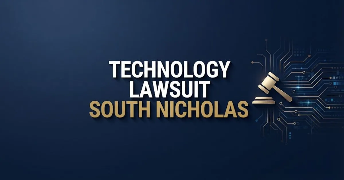 technology lawsuit south nicholas hero banner with legal gavel and digital circuit design on navy background