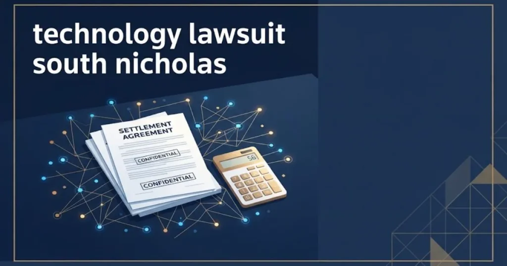 technology lawsuit south nicholas settlement document illustration with data nodes on navy background