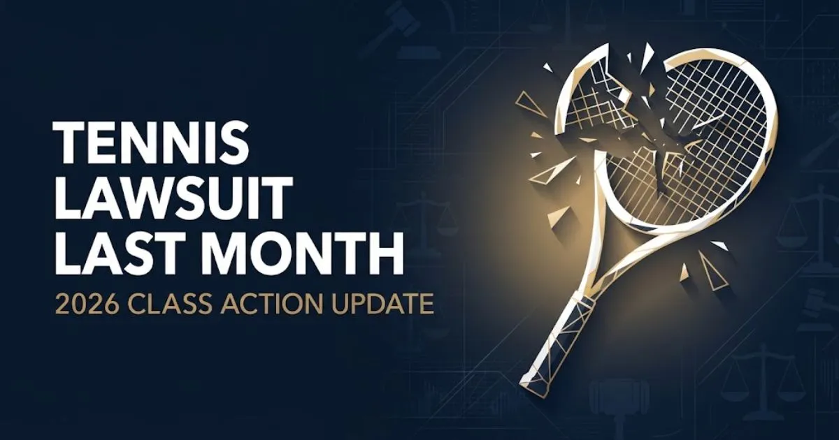 tennis lawsuit last month 2026 class action banner with broken racket silhouette on navy background