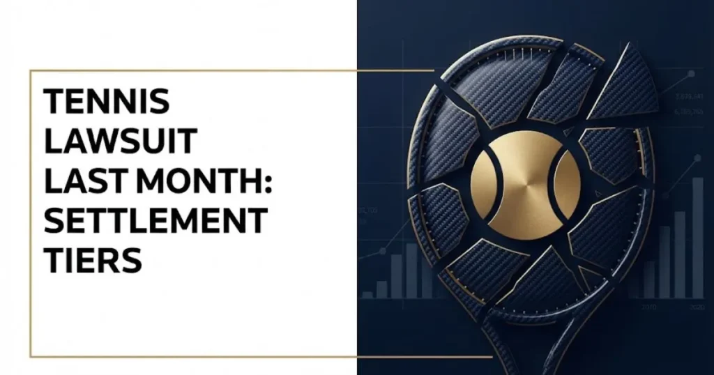 tennis lawsuit last month settlement tiers graphic with carbon fiber defect visual on navy background