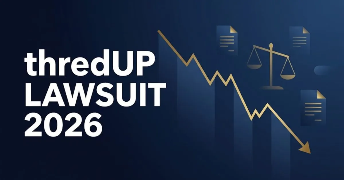 thredUP lawsuit 2026 hero banner with declining stock chart and legal symbols on navy background
