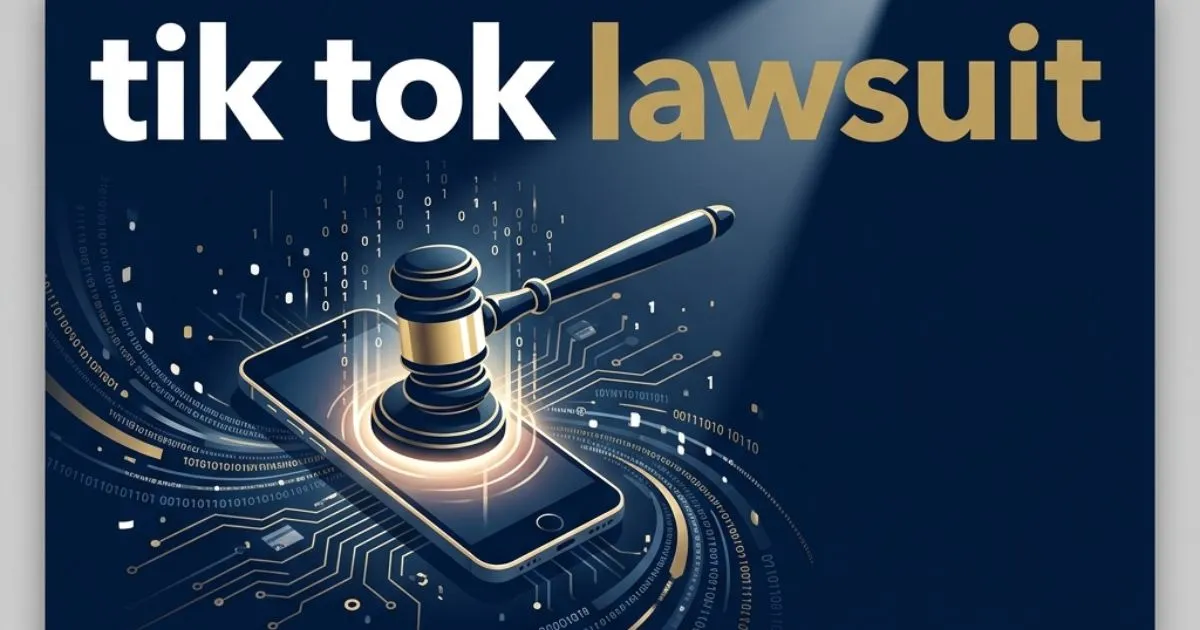tik tok lawsuit hero banner with digital gavel and smartphone silhouette on navy background