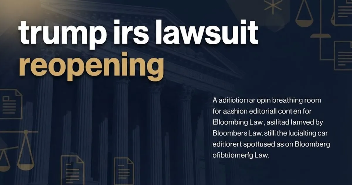 trump irs lawsuit reopening headline over stylized navy courthouse and legal scales graphic