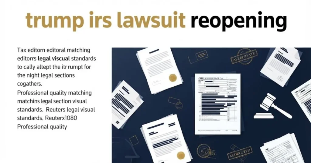 trump irs lawsuit reopening title above stylized legal documents and gavel on navy background