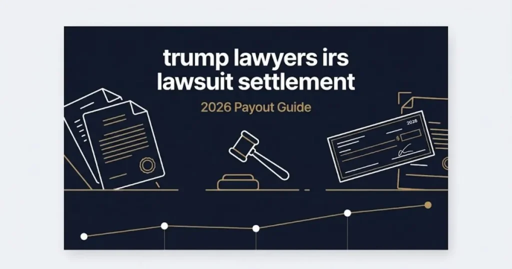 trump lawyers irs lawsuit settlement 2026 payout guide graphic with legal documents and timeline on navy background