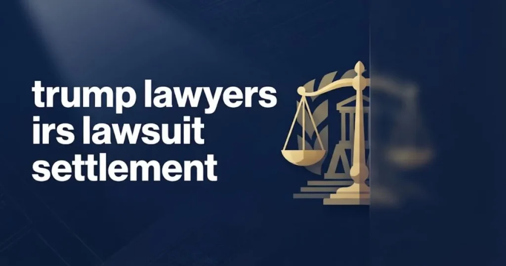 trump lawyers irs lawsuit settlement hero banner with scales of justice and IRS building silhouette on navy background