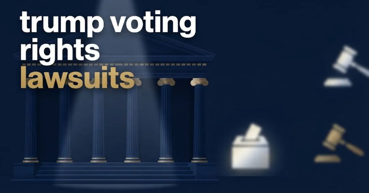 trump voting rights lawsuits headline over stylized navy courthouse with gold accents and ballot icons