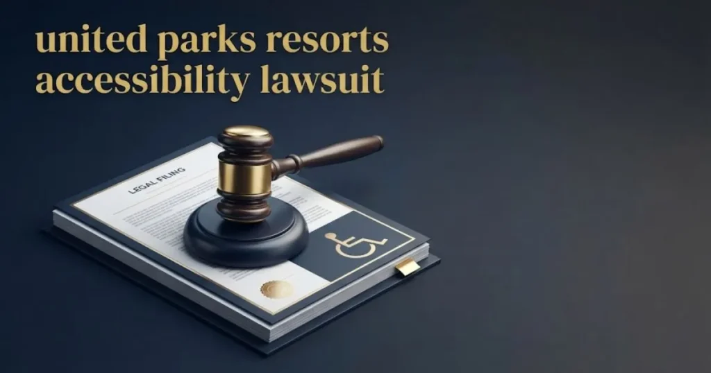 united parks resorts accessibility lawsuit graphic with courtroom gavel and ADA accessibility symbol
