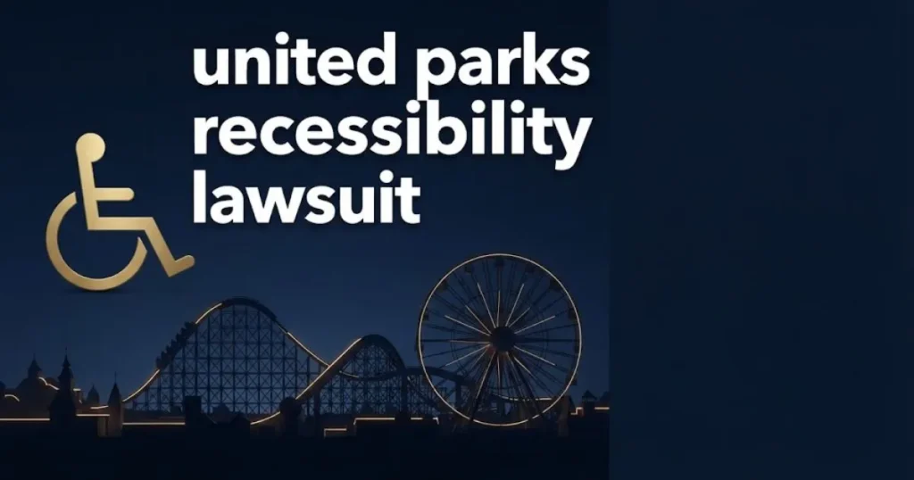 united parks resorts accessibility lawsuit hero banner with theme park silhouette and wheelchair icon
