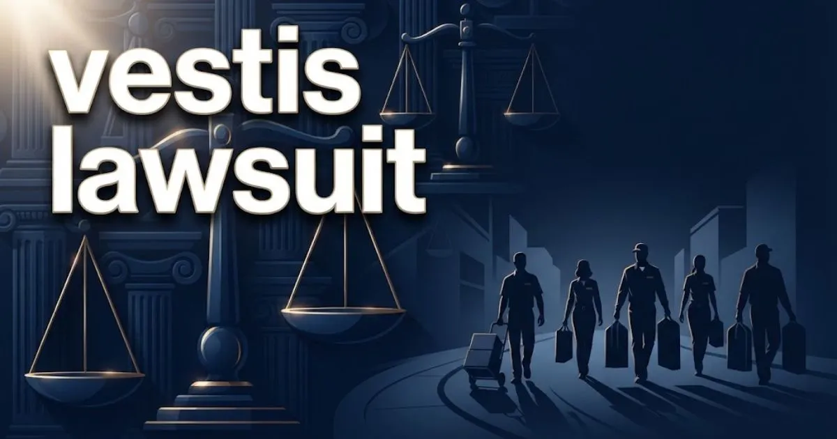 vestis lawsuit hero banner with legal scales and worker silhouettes in navy and gold