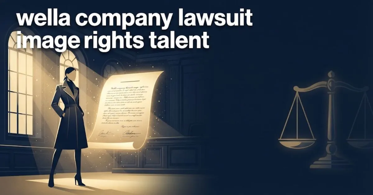 wella company lawsuit image rights talent hero banner with model silhouette and legal document in navy and gold tones