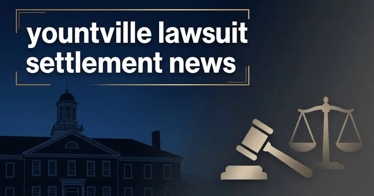 yountville lawsuit settlement news banner with veterans home silhouette and legal symbols on navy background