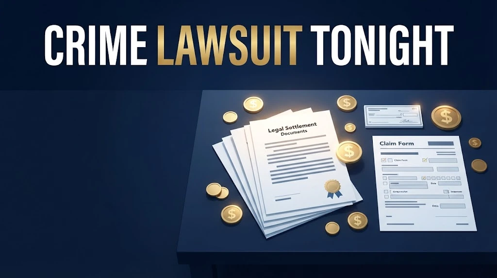 crime lawsuit tonight settlement graphic with legal documents and compensation icons on navy background