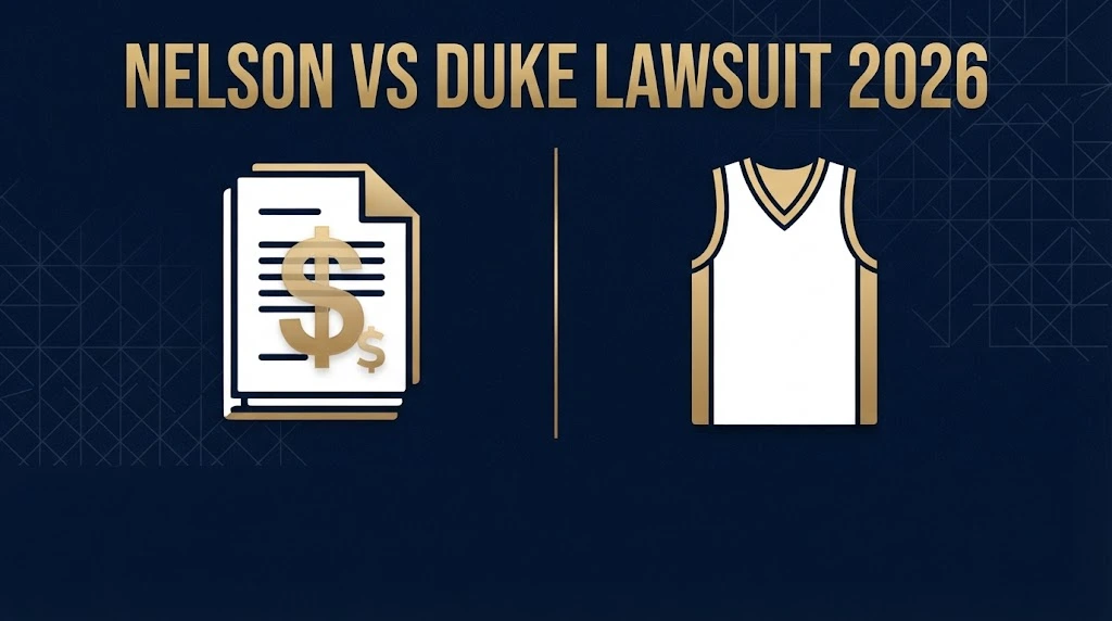 Nelson vs Duke lawsuit 2026 settlement and NIL contract breakdown visual on navy backdrop.