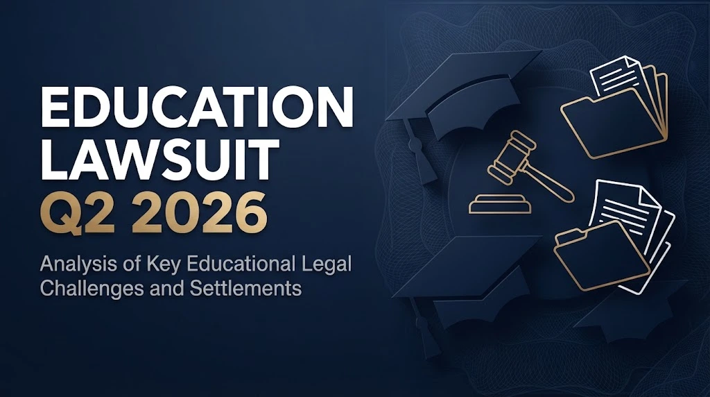 Education lawsuit Q2 2026 hero banner with legal icons and graduation cap silhouettes on navy background