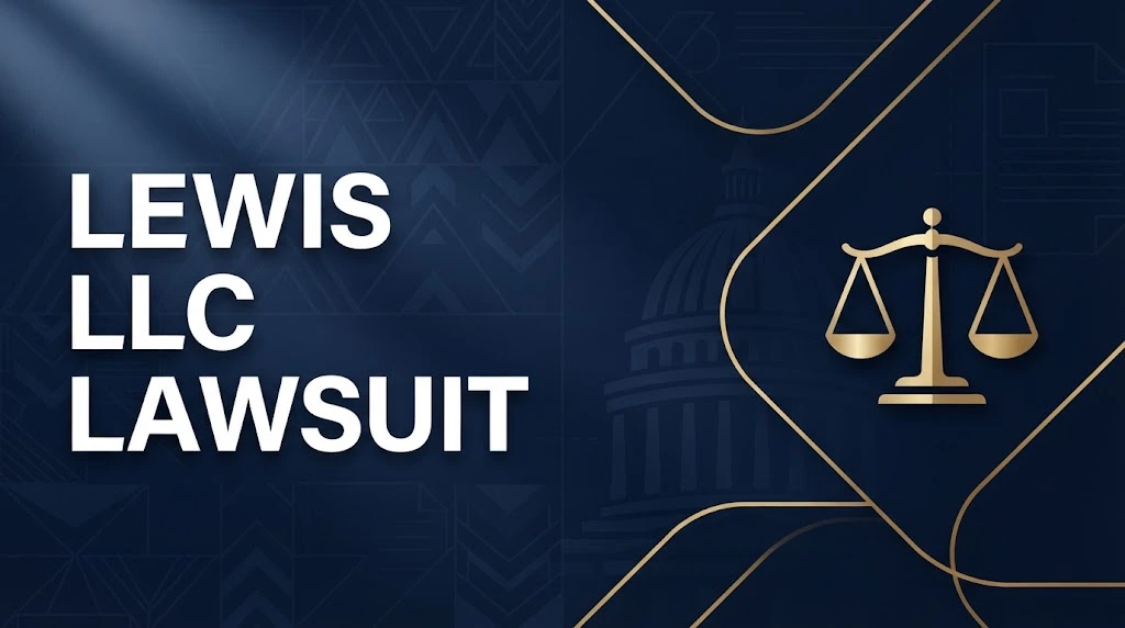 lewis llc lawsuit hero banner with navy blue background and gold legal scales icon
