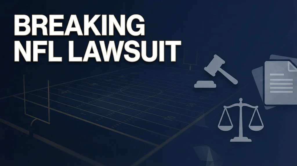 breaking NFL lawsuit hero banner with gavel and football field in navy and gold