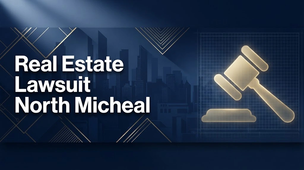 Real estate lawsuit North Micheal hero banner with navy and gold legal theme and gavel icon