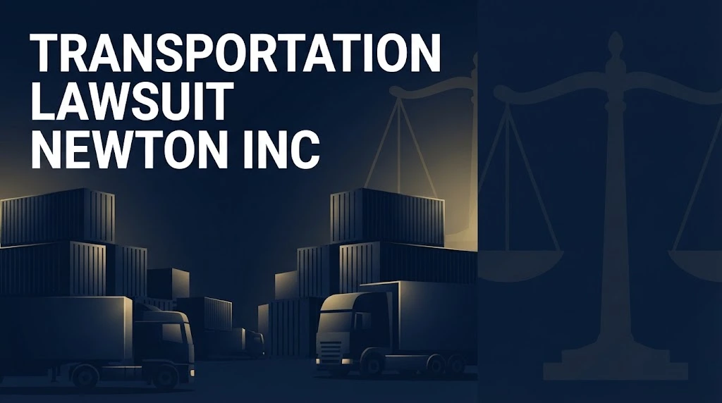 Editorial banner for transportation lawsuit newton inc featuring freight silhouettes and legal scales on navy background