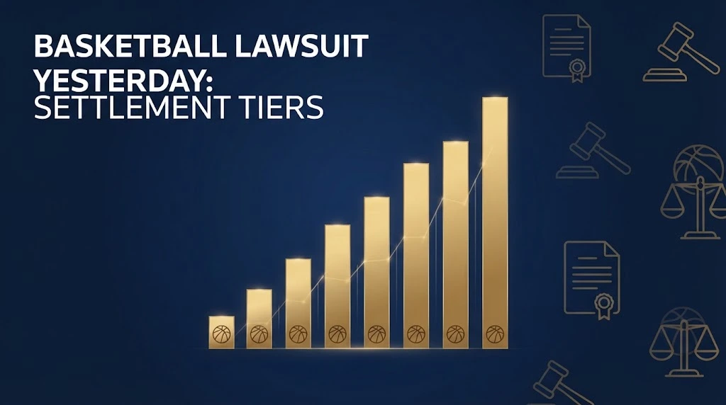 Basketball lawsuit yesterday settlement tiers infographic with payout chart in navy and gold
