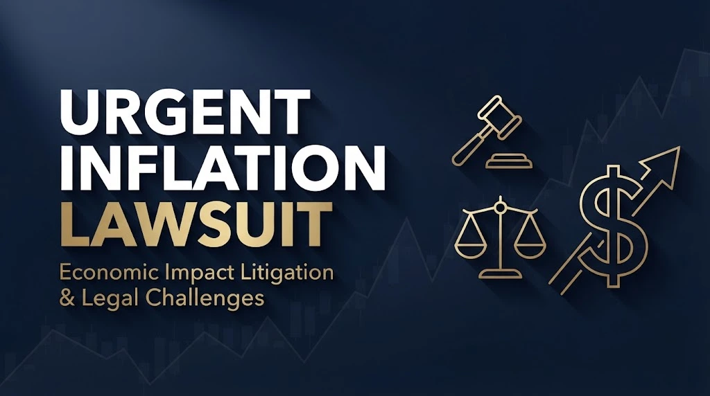 Editorial banner with bold text reading urgent inflation lawsuit over navy blue legal themed background with gold icons