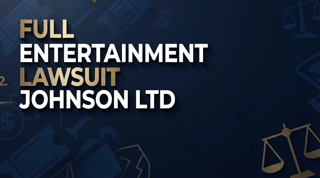 Editorial banner with full entertainment lawsuit johnson ltd headline over navy blue legal scales and abstract ticket imagery