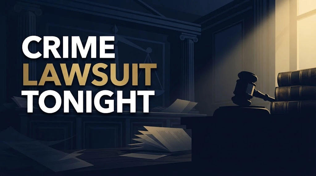 crime lawsuit tonight hero banner with navy courtroom background and gold legal typography