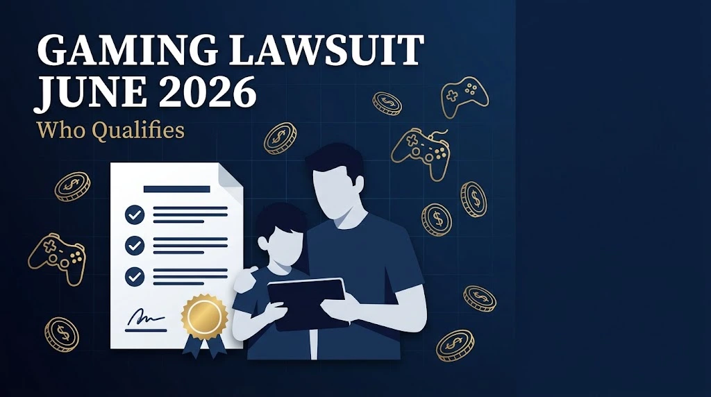 Eligibility graphic titled gaming lawsuit June 2026 with document checklist and gold seal