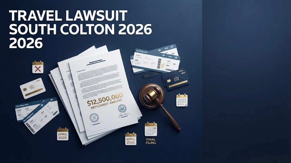 Travel lawsuit South Colton 2026 supporting graphic with legal documents and boarding passes on navy background