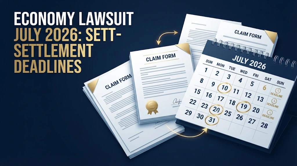 Economy lawsuit July 2026 supporting graphic showing settlement deadline calendar and claim documents
