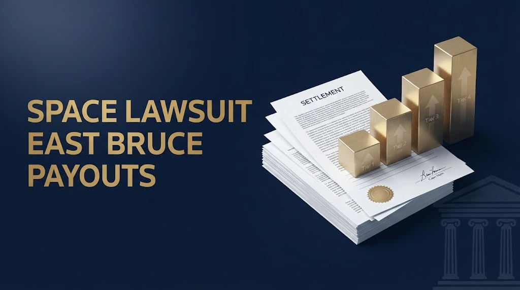 Space lawsuit East Bruce payout tiers graphic with gold headline, navy background, settlement document and courthouse silhouette.
