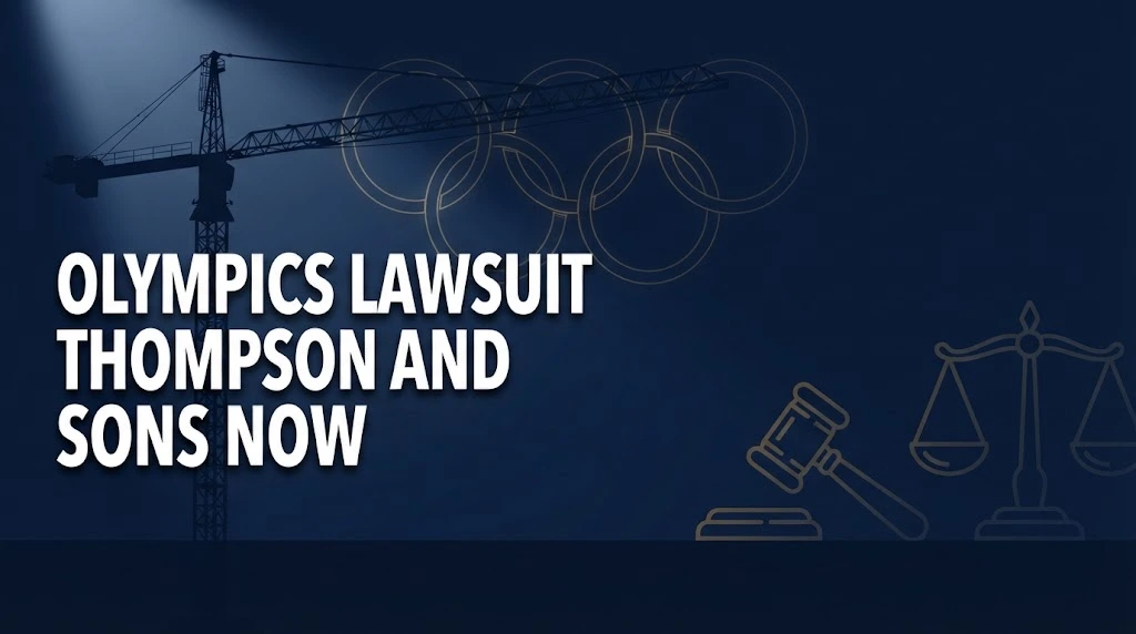 Olympics lawsuit Thompson and Sons now hero banner with construction crane silhouette and legal symbols on navy background