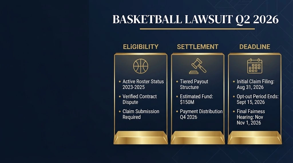 Basketball lawsuit Q2 2026 comparison graphic showing eligibility, settlement, and deadline categories in navy and gold.